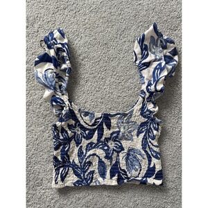 H&M Smocked Floral Crop Top Ruffle Sleeve Blue White Women's Medium